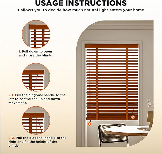 2" Slats Wood Blinds for Indoor Windows: Solid Wooden Blackout Blinds & Shades,Black Out Privacy Horizontal Blinds for Home Bedroom Bathroom Living Room Windows and Doors 27.5" WX60 H Brown