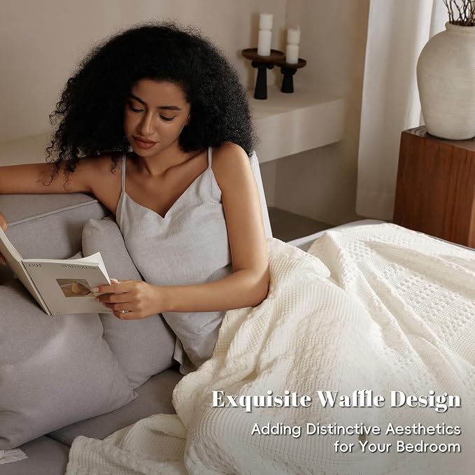 PHF 100% Cotton Waffle Blanket King Size for Bed, Lightweight Breathable and Soft for Summer, Luxury Aesthetic Waffle Weave Blanket for Home Decor & Gifts for Women, 108"x90", Ivory