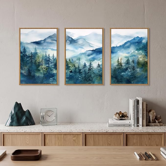 Blue Ridge Mountains Forest Framed Canvas Wall Art Set,Natural Landscape Wall Decor,Green Pine Trees Wall Painting,Abstract Woodland Artwork for Living Room,Bedroom,Office-24 x36 x3