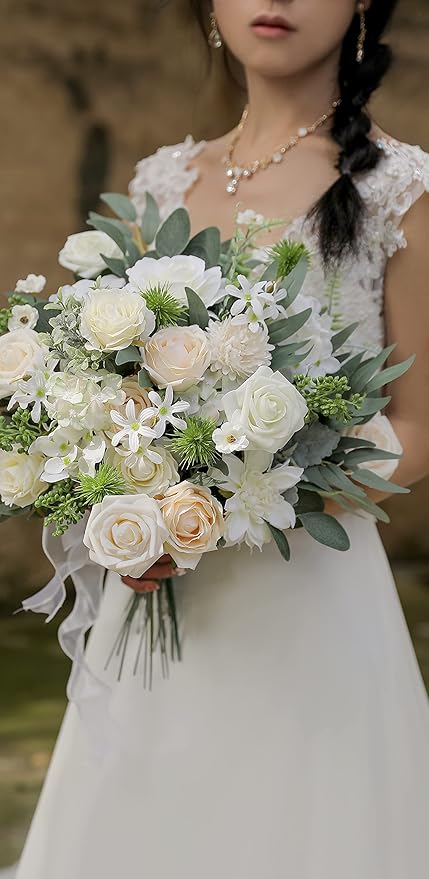 rongflower Artificial Flowers Combo Silk Mix Fake Flowers Leaf for DIY Wedding Bouquets Centerpieces Arrangements Party Baby Shower Home Decorations(Milk White)