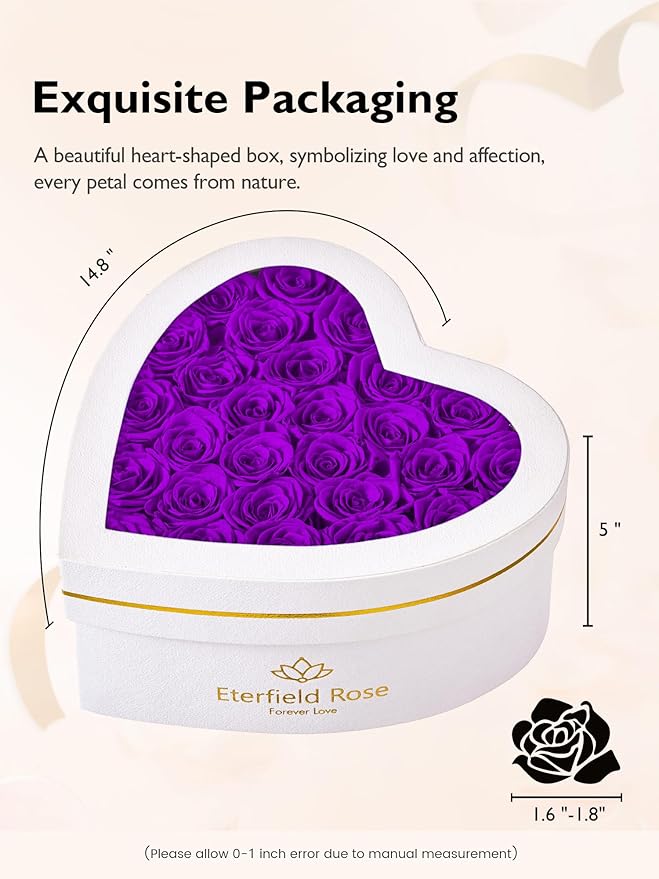 Eterfield 27 Forever Flowers in Heart Shape Box, Preserved Roses That Last a Year Preserved Flowers Birthday Gifts for Her Mom Women Wife Anniversary Valentines Day Mothers Day Christmas, Purple