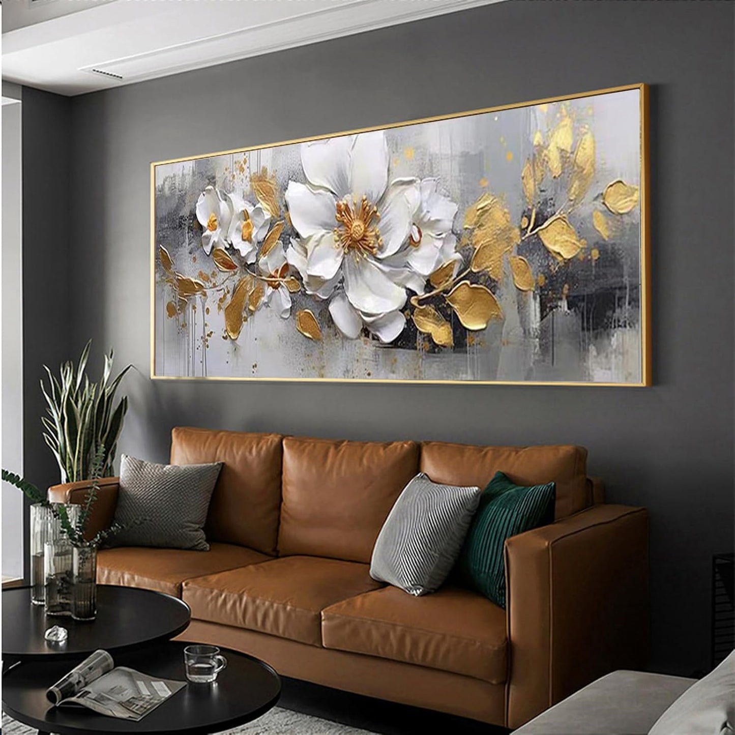 White Flower and Golden Leaf Wall Art for Living Room Hand Painted Floral Oil Painting on Canvas for Bedroom,Large Framed Artwork for Office Kitchen Wall Decor 24x56inch