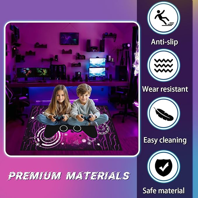 Boys Gamer Area Rug for Room - Purple Gaming Carpet Rug for Kids Boys Bedroom Video Games Carpet Gamepad Themed Rugs Kids Room Decor, 70 x 55 Inches