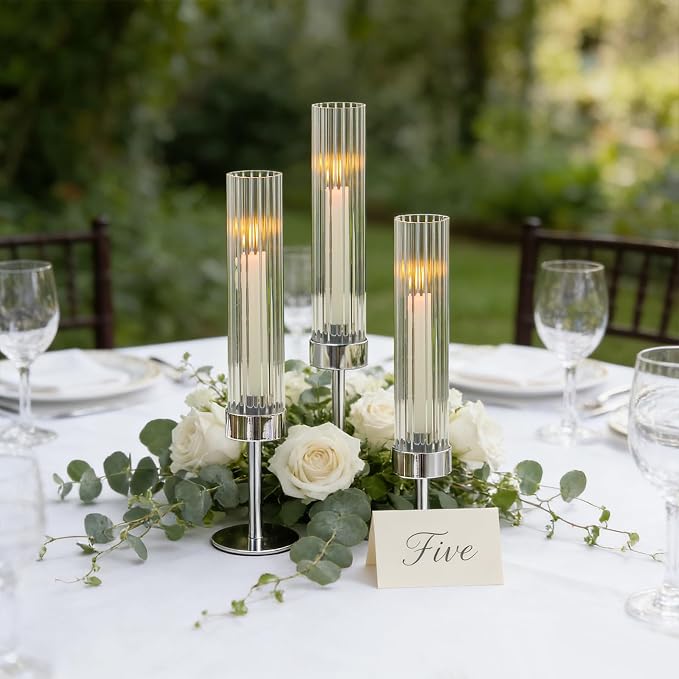 Metal & Acrylic Taper Candle Holders with Ribbed Design - Hurricane Clear Cylinder Candelabra for Wedding, Christmas, Party, Dining Table Centerpiece Decor (Silver, Set of 6)