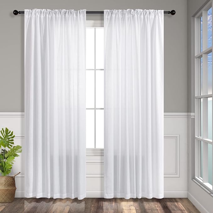 White Linen Curtains 63 Inch Length for Bedroom Pair Back Tab Pocket Simple Linen Panels Cotton Canvas Look Semi Translucent Boho Sheer Curtains for Living Room Dining Cabin Cottage Snow Pure White