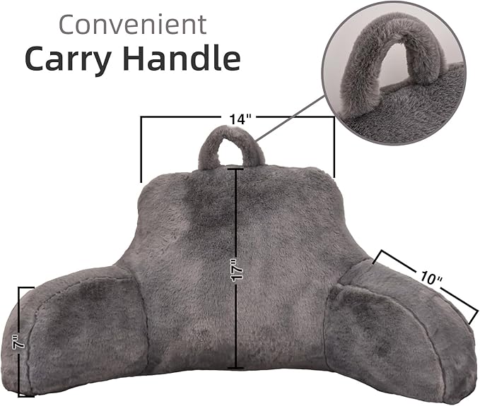 A Nice Night Faux Fur Reading Pillow Bed Wedge Large Adult Children Backrest with Arms Back Support for Sitting Up in Bed / Couch for Bedrest,Gray (Standard)