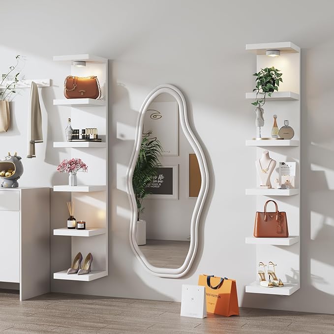 6-Tier Wall Shelf Unit with USB Rechargeable Led Light (Remote Controlled),Versatile Floating Display Shelves,Lack Style Wall Shelves for Bedroom,Living Room,Office Decor,Vanity-White