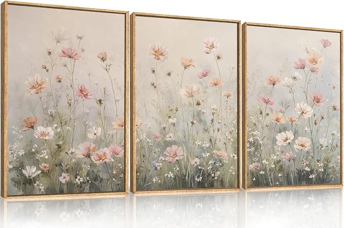 LHIUEM Watercolor Wildflower Framed Canvas Wall Art,Vintage Floral Wall Decor,Nature Pink Daisy Painting,Botanical Flower Artwork for Living Room,Bedroom,Dining Room -24"x36"x3