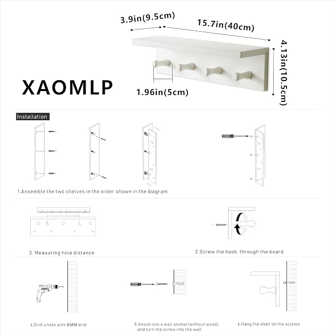 Entrance Coat Rack ，Coat Hooks, Wall-Mounted Wooden Hook Rack, Wall-Mounted Shelves are Very Suitable (White Color Finish—A-1)