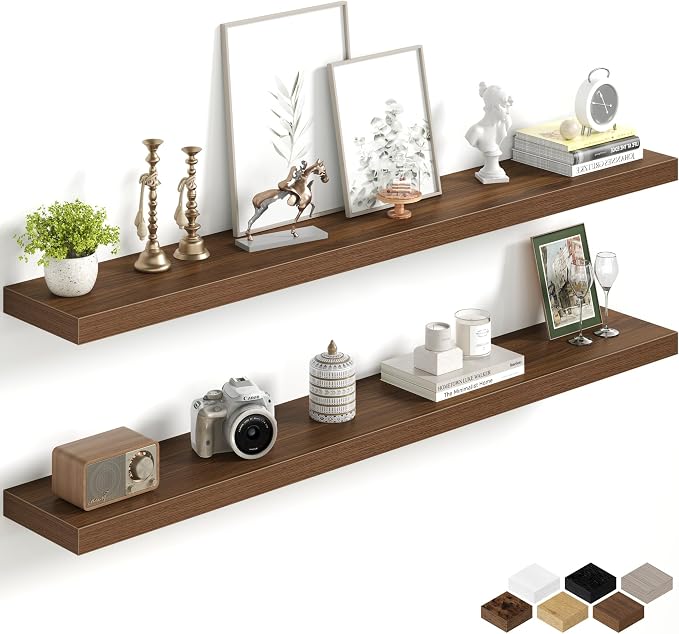 Fun Memories 55Inch Long Floating Shelves, 8 Inch Deep Shelves for Bedroom|Living Room, Wall Mounted Wood Hanging Shelf with Invisible Brackets for Fireplace Mantel Home Storage Decor, Walnut - 2 Pack