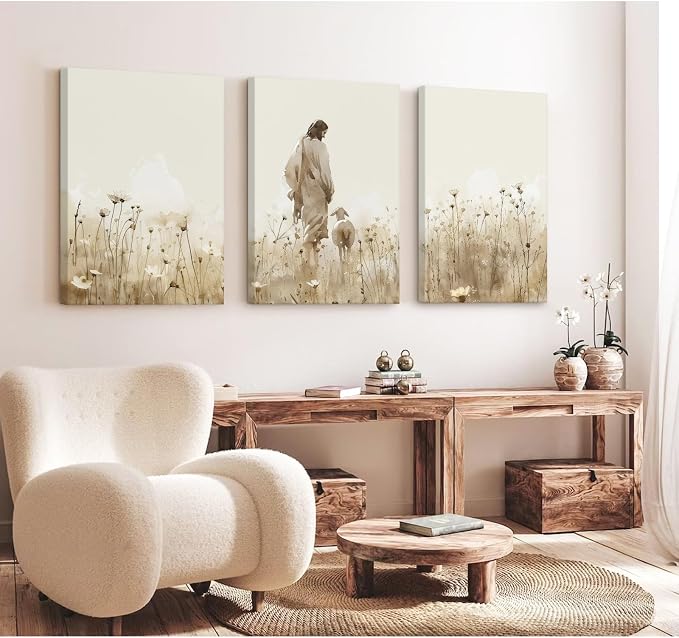 Jesus Leaves the 99 Sheep Wall Art Christian Canvas Poster Jesus and Lamb Wall Decor Religious Pictures Lost Sheep Painting God Christ Painting Artwork for Bedroom Living Room 12x16x3 Inch Ready to Hang