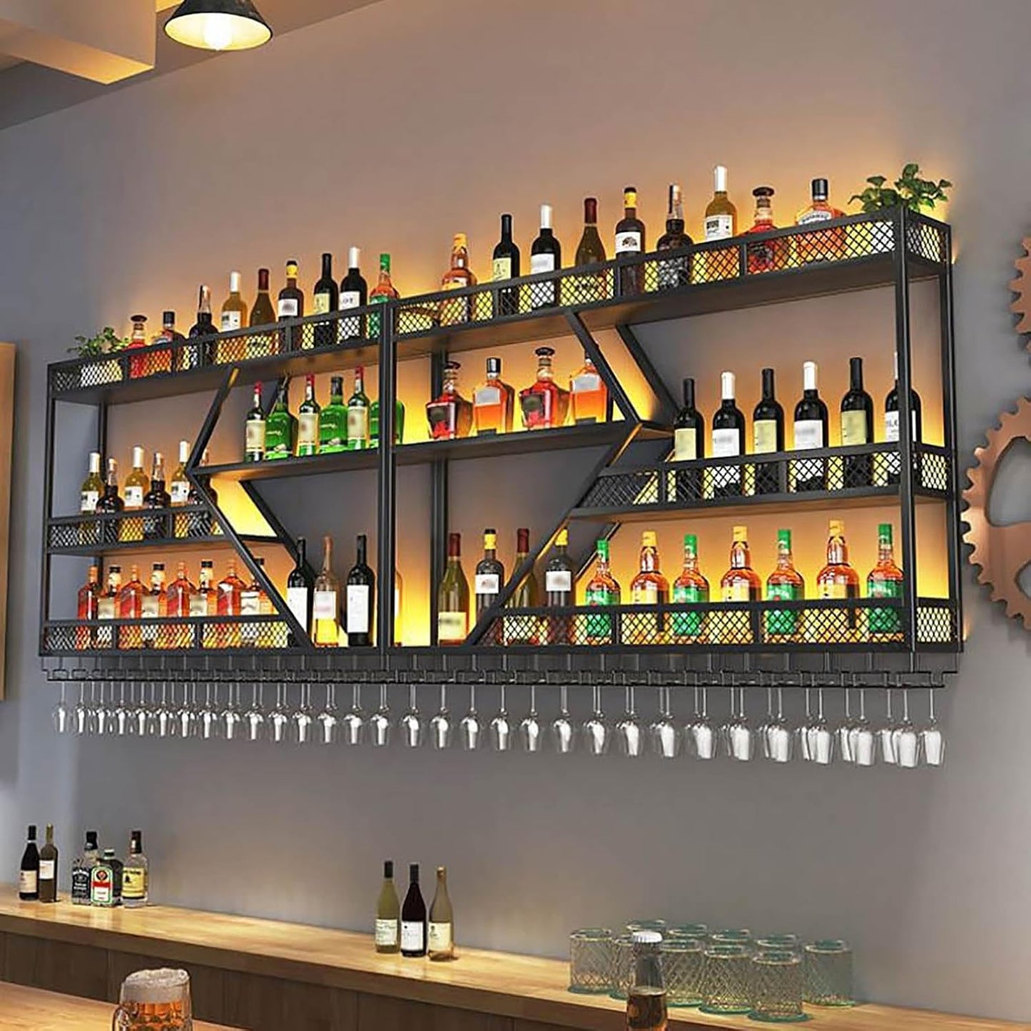 Wall Mounted Wine Rack with Glass Holder, 3-Tier Metal Storage Shelf, Black Diamond Design, Wine Bottle Display with Stemware Storage (Black, 31.49in/Right)