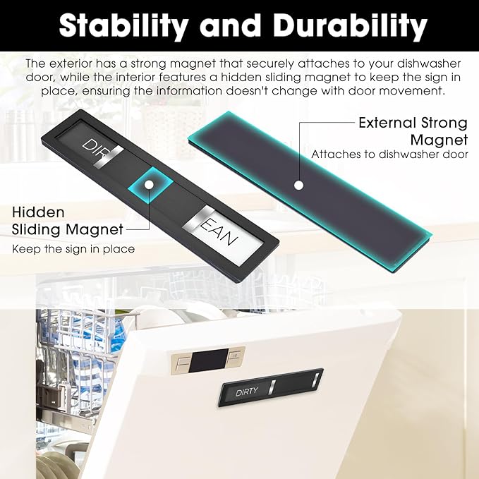 Dishwasher Magnet Clean Dirty Sign, HYF DESIGN Grade 304 Stainless Steel, Non-Scratch/Easy to Read & Slide/Strong Clean Dirty Magnet for Dishwasher, Extra Adhesive Tapes Included(Black-04)