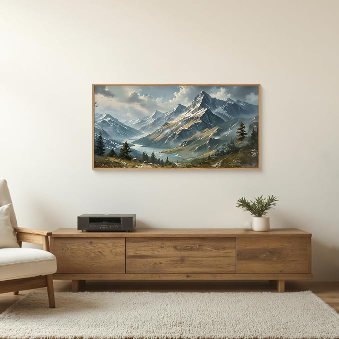 Ausril Boho Mountain Ridge Framed Canvas Wall Art Set, Nature Woodland Landscape Wall Decor, Misty Cloud Forest Wall Painting, Pine Tree River Blue Art Print for Living Room, Bedroom, Office - 20"X40"