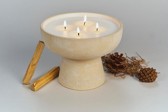 Blueme Spiritual Candle | Palo Santo & Vetiver | 4 Wick - Refillable Wellness Candle with Essential Oils, Hand Finished & Poured Soy Wax Blend Ceramic Vessel, Natural Cotton Wicks | Large 24 oz