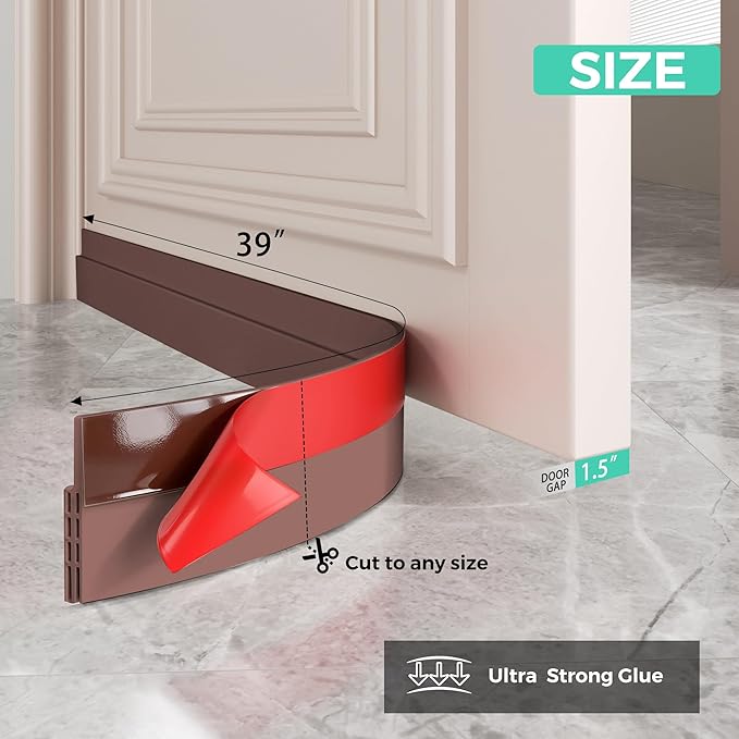 Hojoy 2 Pack Under Door Draft Stopper, Adjustable Door Sweep Anti-Collision Strong Adhesive Weather Stripping Tape Soundproof Draught Stoppers 2" W x 39" L, Brown