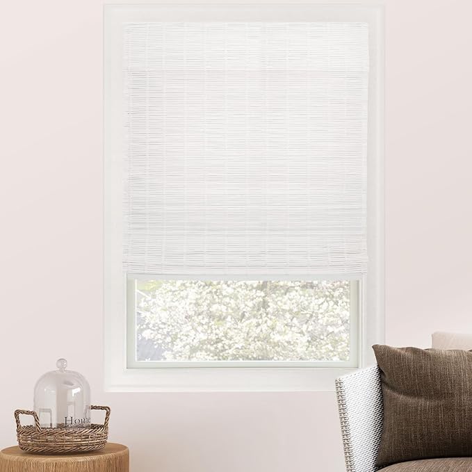 CHICOLOGY Bamboo Roman Shade, Cordless Light Filtering Woven Wood Window Treatment for Living Room, Dining Room, Kitchen & Office, Natural Bamboo Blinds for Boho Coastal Decor, Snow, 35" W x 64" H