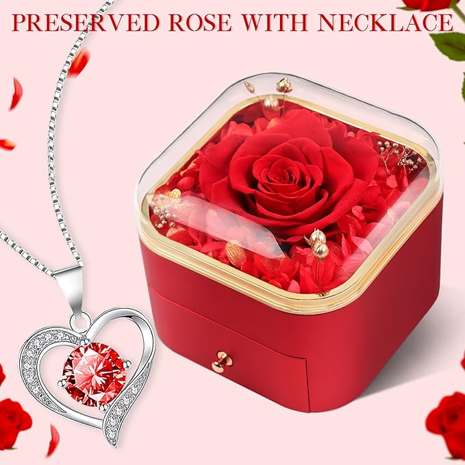 Beferr Gifts for Mom Preserved Real Rose with Red Necklace Eternal Roses Forever Flowers for Delivery Christmas Anniversary Birthday Mothers Day Flowers for Women Her Grandma Wife Daughter Girlfriend