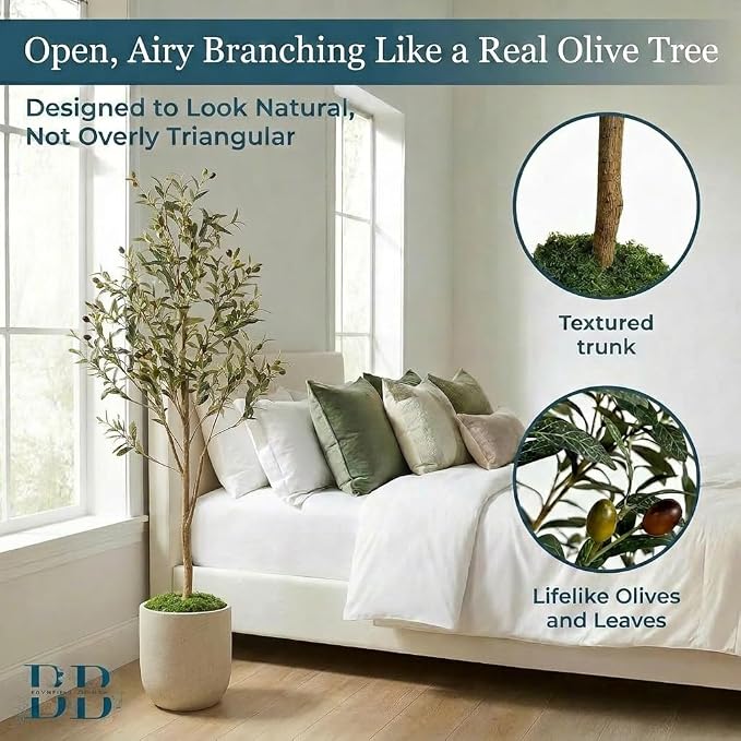 Artificial Olive Tree with Large Modern Planter, Rechargeable Wireless LED Light & Moss - Realistic Fake Potted Indoor Plant for Office and Home Decor (5.5FT)