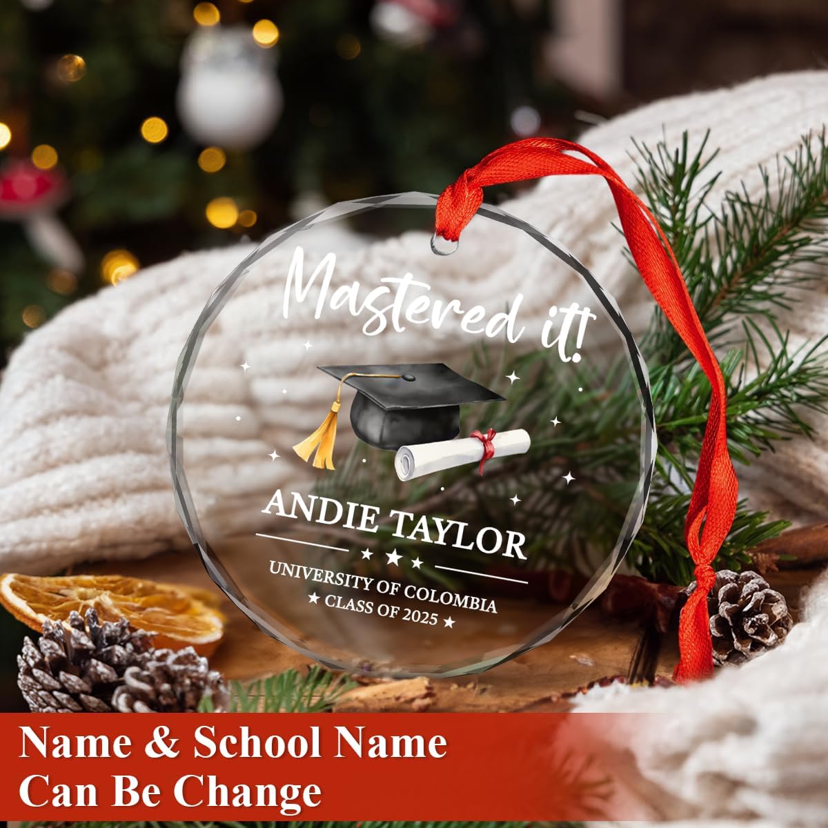 Personalized Mastered It Degree Graduation Gifts - Custom Christmas Crystal Glass Ornament, University, College, Senior Year Keepsake