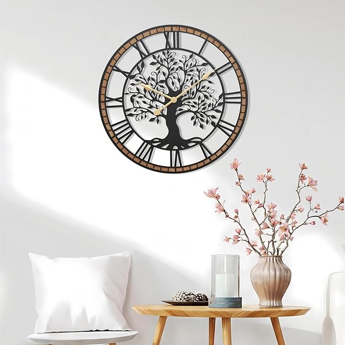Micasso Rustic Large Wall Clock: 27Inch Farmhouse Tree of Life Metal with Wood Frame - Vintage Battery Operated Wall Clocks for Bedroom/Office/Living Room/Kitchen - Home Decor for Porfessional