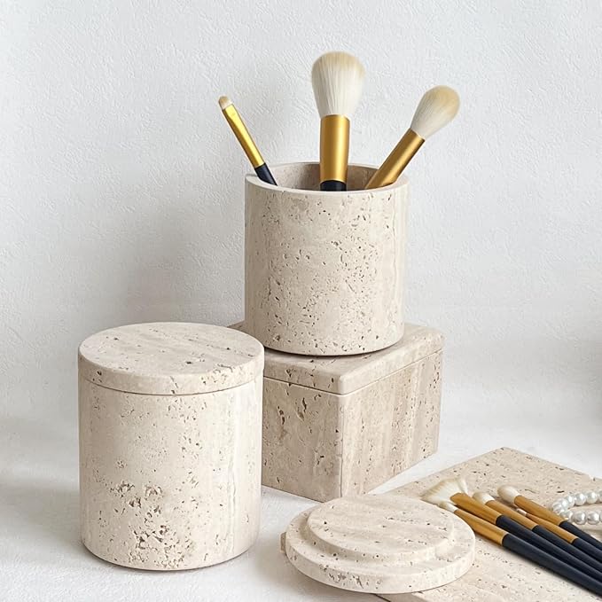 Natural Marble Stone Travertine Jar Container Storage Box Cup with Lid (Beige Travertine)