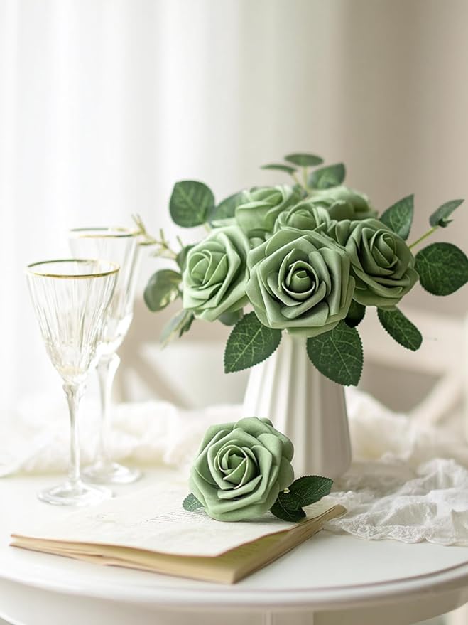 InnoGear Artificial Flowers, 50 Pcs Elf Green Rose Foam Fake Roses Bulk with Stems for Spring St. Patrick's Decoration DIY Wedding Bouquets Centerpieces Bridal Shower Party Christmas Tree
