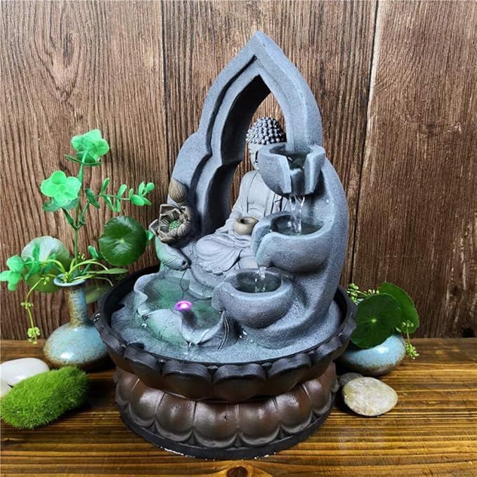 Buddha Tabletop Waterfall Fountain Fengshui Meditation Relaxing Indoor Decoration, Waterfall Kit with Circular Water Flow for Home, Office, Bedroom Decoration