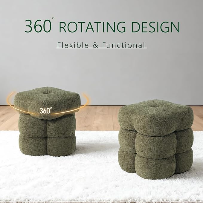 Get Set Style 360° Swivel Flower Ottoman, Linen Vanity Stool Footrest with 300LBS Capacity, No Assembly Small Space Accent Chair for Living Room Bedroom Entryway(Olive Green)