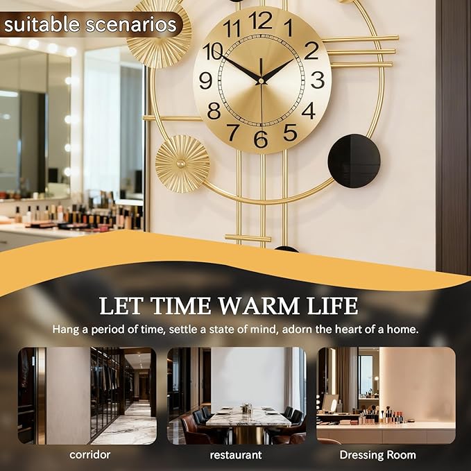 Large Wall Clocks for Living Room,Silent Non Ticking, Battery Operated Oversized Round Modern Wall Clock for Bedroom Farmhouse Office Wall Decor-17.1x29.1Inch(Golden)