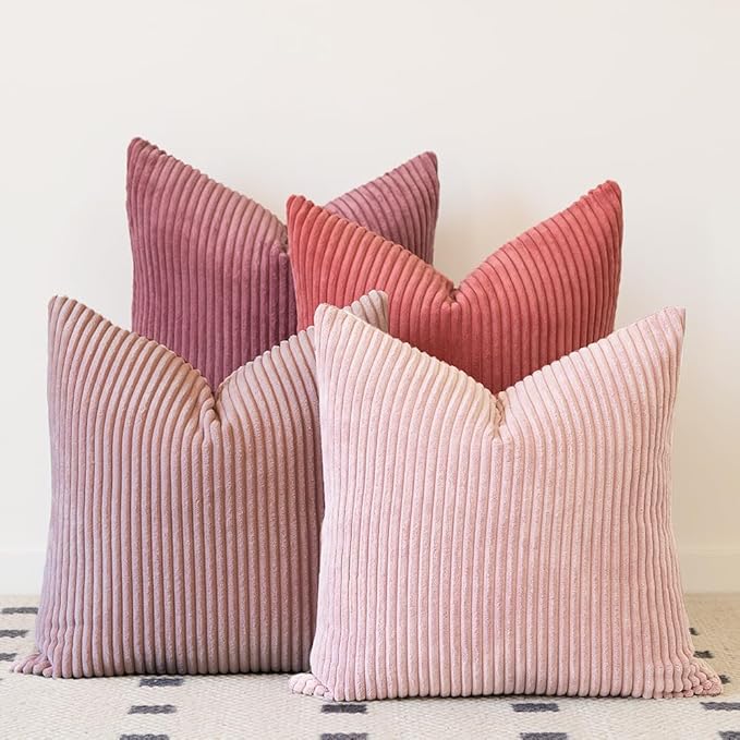 LANANAS Neutral Couch Throw Pillow Covers 18x18 Inch Set of 4 Decorative Farmhouse Boho Throw Pillows for Living Room, Couch, Bed, Sofa Soft Corduroy Accent Home Decor (Rose Pink, 18x18 Inch)