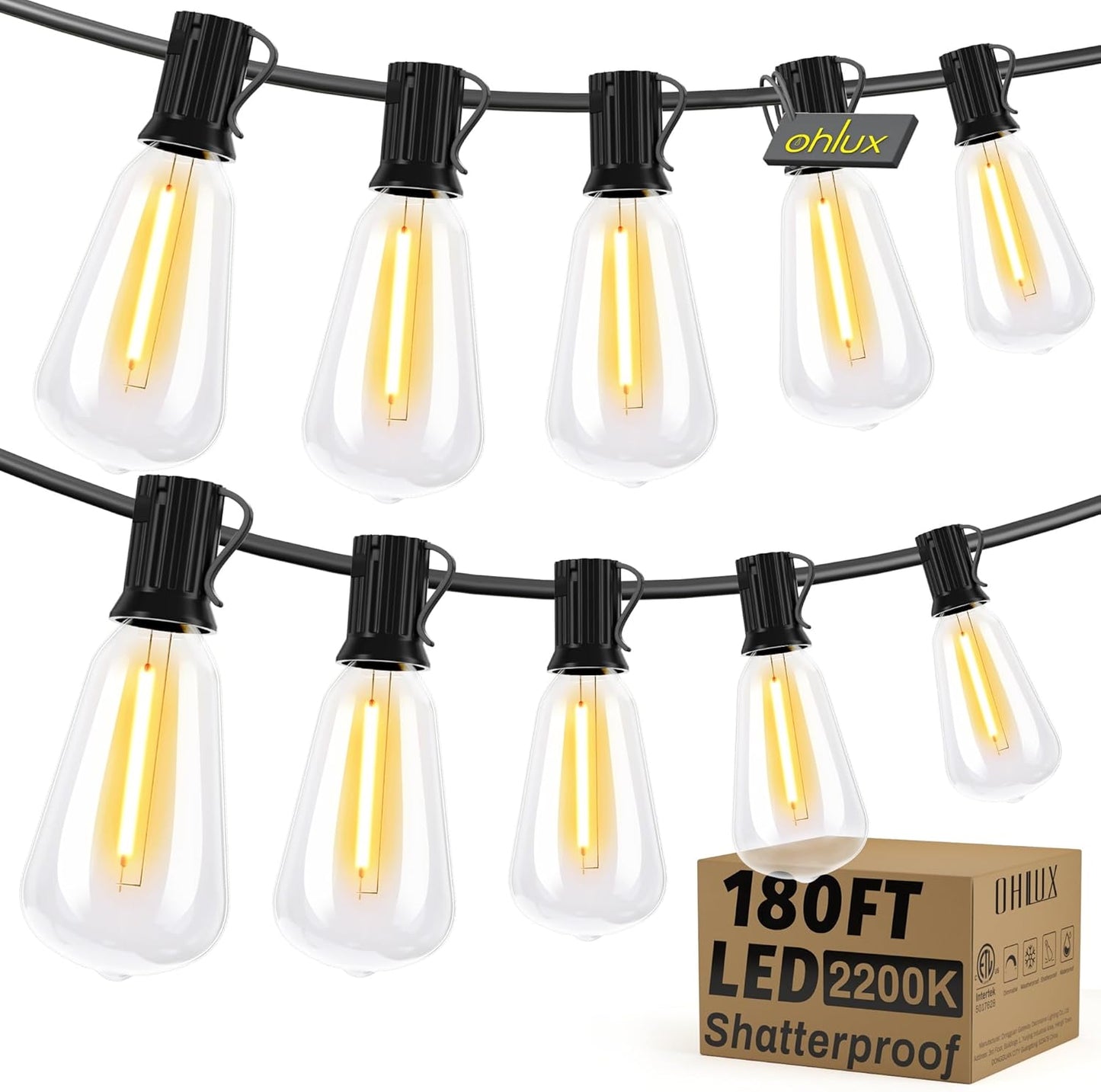OHLUX Exterior Hanging Lights,180FT Connectable Outside Patio Lights with 94 Shatterproof ST38 LED Vintage Bulbs,2200K Connectable & Waterproof for Deck Porch Bistro Gazebos Balcony Pool(120FT+60FT)