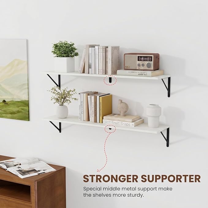 Vivelove White Deep Floating Shelves for Wall, 36W x 8D Wood Wall Shelves Set of 2, Wide Floating Bookshelf for Living Room, Kitchen, Office, Bedroom and Decor Storage, with Black Bracket - White