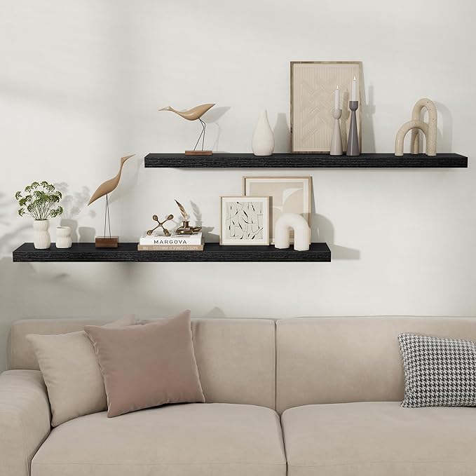 Fun Memories Floating Shelves for Wall, Rustic Wood Wall Mounted Shelves for Bathroom, Bedroom, Living Room & Kitchen, Storage Display Shelves, (Set of 2, Black, 48 in)