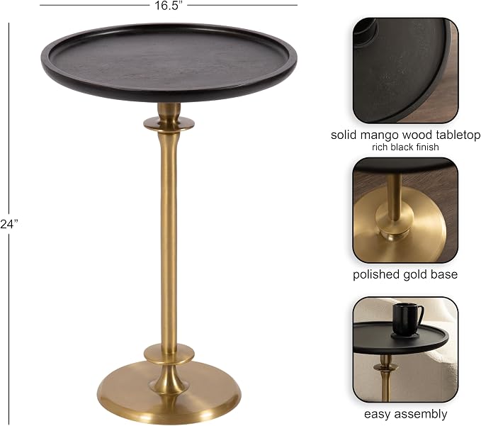 Kate and Laurel Arora Modern Wood and Metal Round Side Table, 17 x 17 x 24, Black and Gold, Transitional Sculptural Living Room End Table for Indoor Plant Stand or Bedroom Nightstand