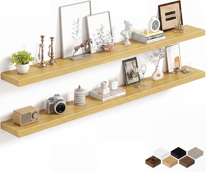 Fun Memories 72Inch Long Floating Shelves, 8 Inch Deep Shelves for Bedroom|Living Room, Wall Mounted Wood Hanging Shelf with Invisible Brackets for Fireplace Mantel Home Storage Decor, Oak - 2 Pack