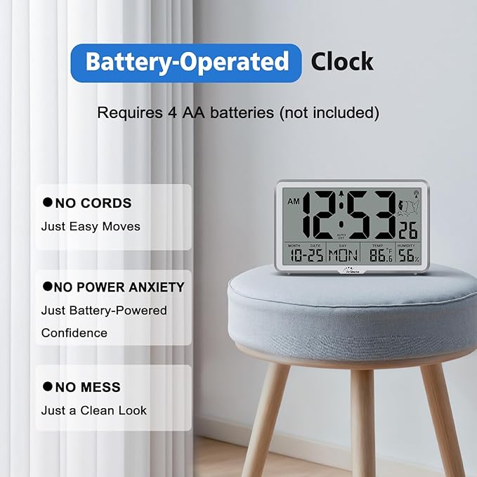 WallarGe Atomic Wall Clock with Backlight, Digital Wall Clock Battery Operated for Classroom, Bedroom, Office, Large Display with Indoor Temperature, Humidity, Date, AUTO DST, 6 Time Zones