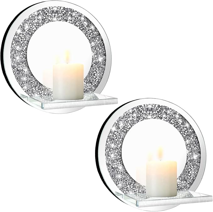 ZOLAPI Set of 2 Crystal Crush Diamond Candle Sconces, Gorgeous Silver Mirrored Wall Sconce, Candle Holder Glass Wall Decorations for Home Décor, Living Room, Dining Room.Round