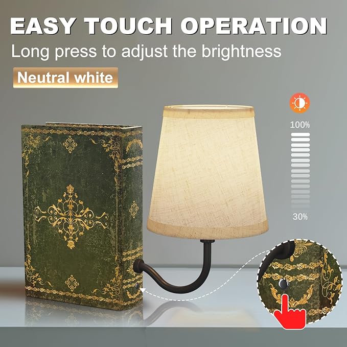 Vintage Bookshelf Lamp Rechargeable, Cordless | Linen Shade, Dimmable Touch Control, Modern Decorative Bookend, Book Lamp Design