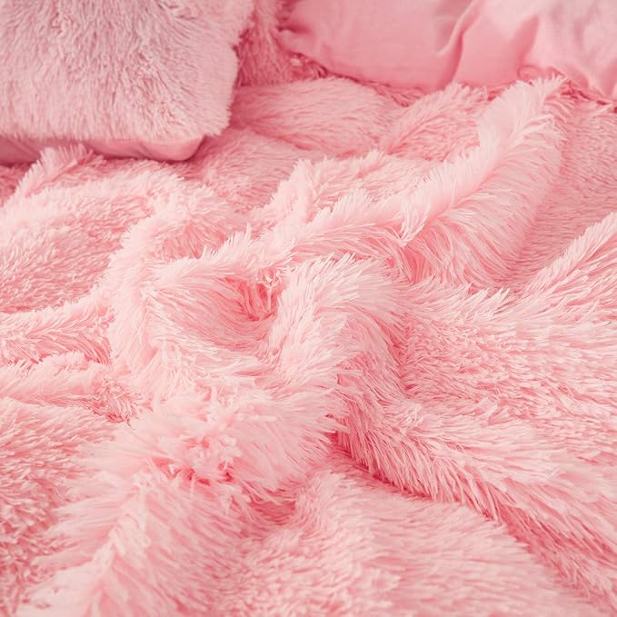 JAUXIO Luxury Long Faux Fur 3 PCS Bedding Set Shaggy Comforter Duvet Cover with Pillow Shams Ultra Soft Crystal Velvet Reverse (King, Pink)