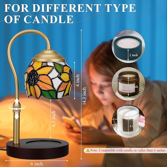 Candle Warmer Lamp - Electric Candle Lamps Timer Dimmer, Sunflower Tiffany Style Stained Glass Candle Warming Lamp Compatible with Jar Candles Valentine Birthday Gifts for Mom Friend Wax Melt Warmer