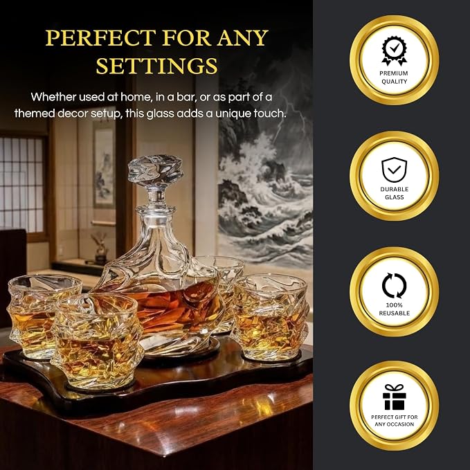 Storm Japanese Crystal Whisky Decanter Set with 4 Tumbler Glasses, Lead-Free Liquor Carafe & 10oz Rocks Glasses - Scotch, Bourbon, Spirits & Wood Base Elegant Barware Gift for Men, Japan Design Gifts