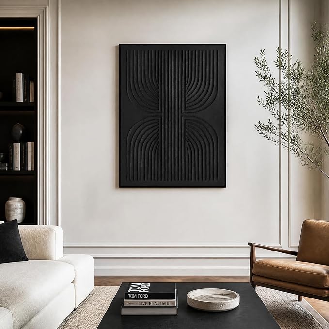 SAFERRYHOME Black Textured Carve Abstract Wall Art, 30"x40" Framed | 3D Textured Carve Framed Wall Decor, Modern Painting Minimalist Geometric Artwork for Home Office, Living Room, Hallway