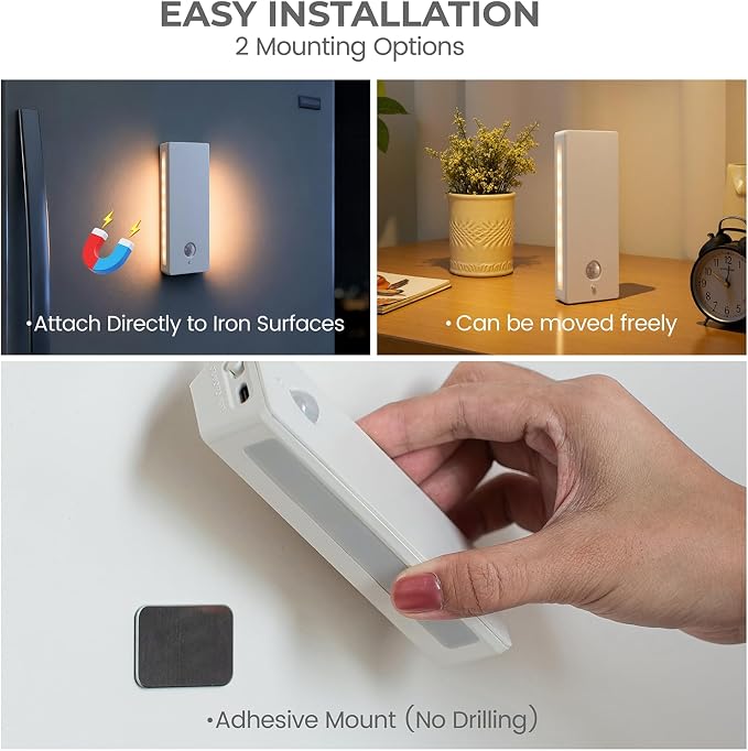 Rechargeable Battery Night Light with Motion Sensor, Cordless Battery-Powered Stick-on Magnet Toilet Lights, Soft Two-Sided Glow, 3CCT Dimmable, for Bedroom, Closet, Stairs, 3 Pack