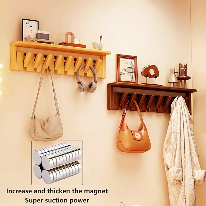 Wall Mounted Coat RackHooks Piano Key Hangers Natural Solid Wood Hanger Non-Woven Fabric Clothes Hangers for Closet, Kitchen, Bedroom, Bathroom, Entryway (Tray Walnut-Beech, 6 Hooks)