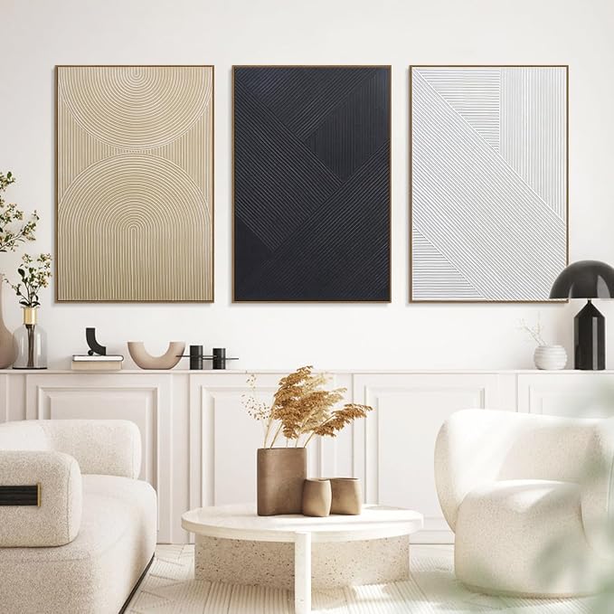 Large Boho Textured 3D Wall Art Neutral Set of 3-24"x36" Hand-Painted Abstract Framed Paintings for Living Room, Bedroom - Modern Minimalist Black White Neutral Boho Decor