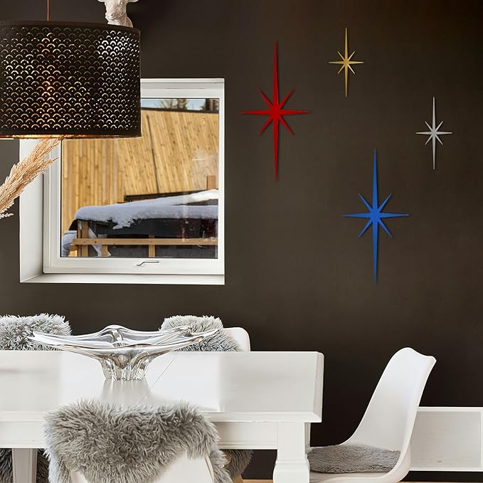 4 Pack Metal Star Wall Art 8 Pointed Starburst Wall Decor Set with 2 Large & 2 Small Pieces Mid Century Celestial Metal Wall Sculpture for Bedroom Living Room Office Gallery Wall