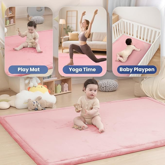 Large 79"x110" Baby Activity Play Mat for Floor,1.3" Thick Elasti Foam Cushion Mat for Tummy Time & Crawling,Non-Slip & Safe for Infants,Toddlers & Kids, for Living Room, Classroom & Playroom（Pink)