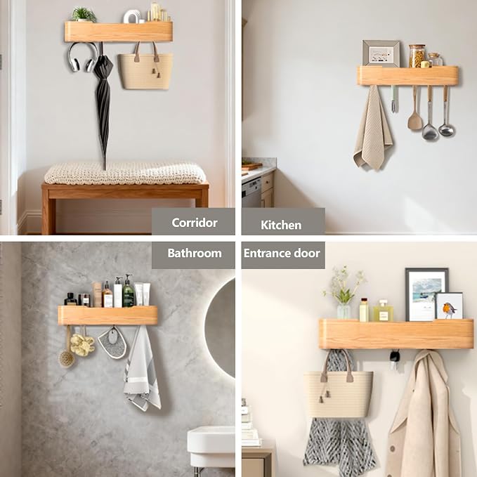 Wall Mounted Coat Rack with Shelf, Wooden Entryway Organizer with Hidden Metal Hooks for Hanging Coats Bags Keys, Modern Floating Shelf for Hallway Bathroom (Oak, 5 Hooks)