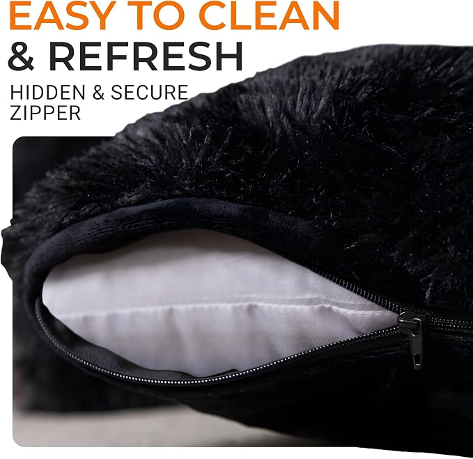 Cheer Collection Throw Pillows for Couch and Bed, Soft Shaggy Throw Pillows with Inserts Included, Cozy Long Hair Faux Fur Pillows - Set of 2-20" x 20" - Black